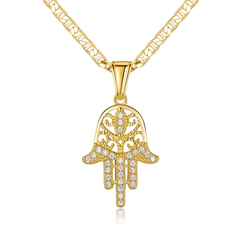 [Australia] - Barzel 18K Gold Plated Flat Mariner/Marina 060 3MM Chain Necklace With Hamsa Hand Pendant 18.0 Inches 