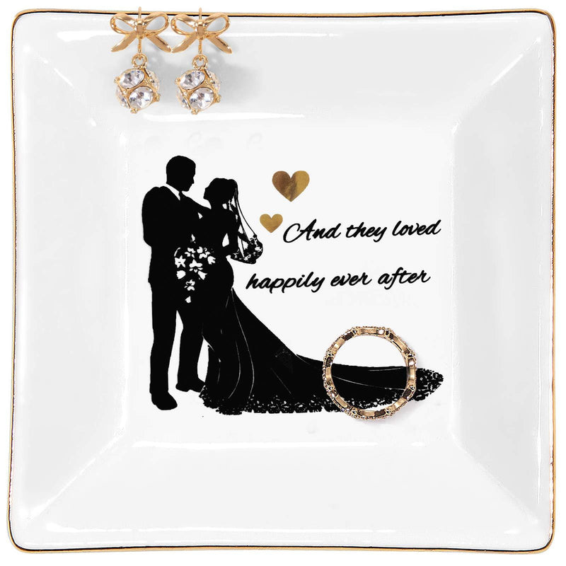 [Australia] - Kaidouma Wedding Engagement Gift for Bride or Couple Ring Trinket Dish Ceramic Decorative Jewelry Plate Valentine Anniversary Christmas Gifts for Women - and They Loved Happily Ever After 
