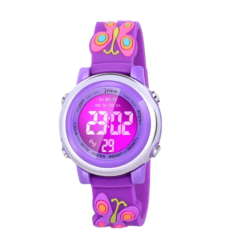 [Australia] - Viposoon Kids Watches, 3D Cartoon Waterproof Watch with 7 Color Lights Alarm Stopwatch Suitable for 3-10 Year Boys Girls - Best Gift Butterfly Purple 