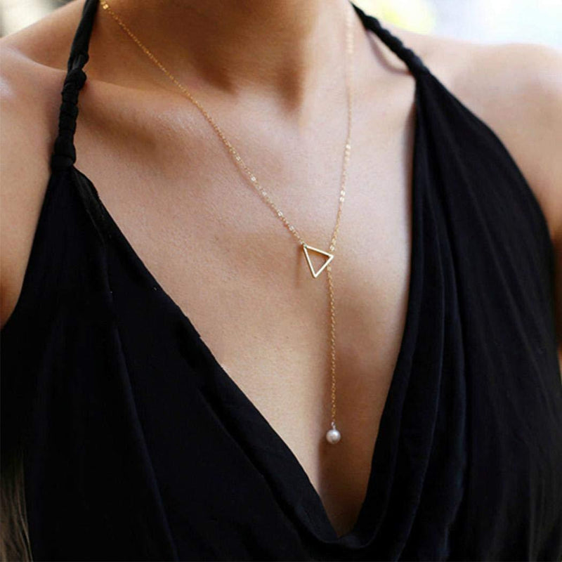 [Australia] - TseanYi Pearl Drop Necklace Pendant Gold Y Lariat Necklace Choker Geometry Triangle Necklace Chain Jewelry (Gold) 