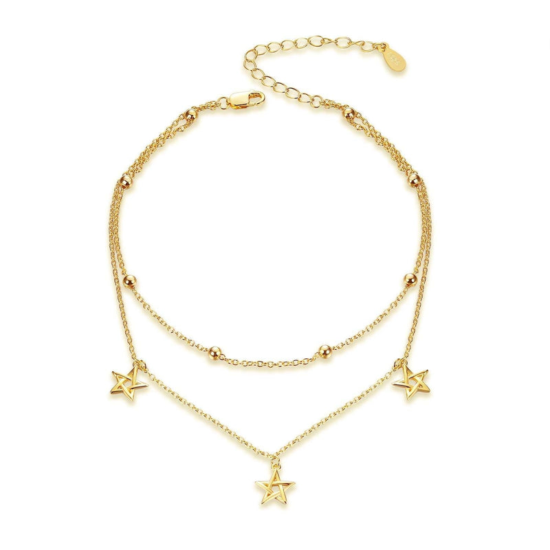 [Australia] - POPLYKE 925 Sterling Silver Gold Plated Anklet Summer Adjustable Beach Boho Ankle Bracelet B1 - Gold Star Anklet 