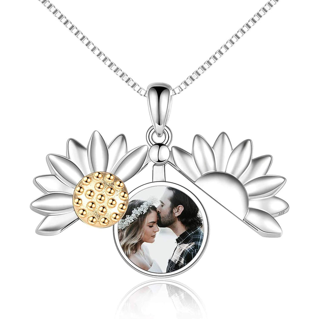 [Australia] - Sterling Silver Sunflower Locket Necklace You Are My Sunshine Engraved Pendant Necklaces Anniversary Jewelry for Her Asymmetrical Photo Locket Silver 
