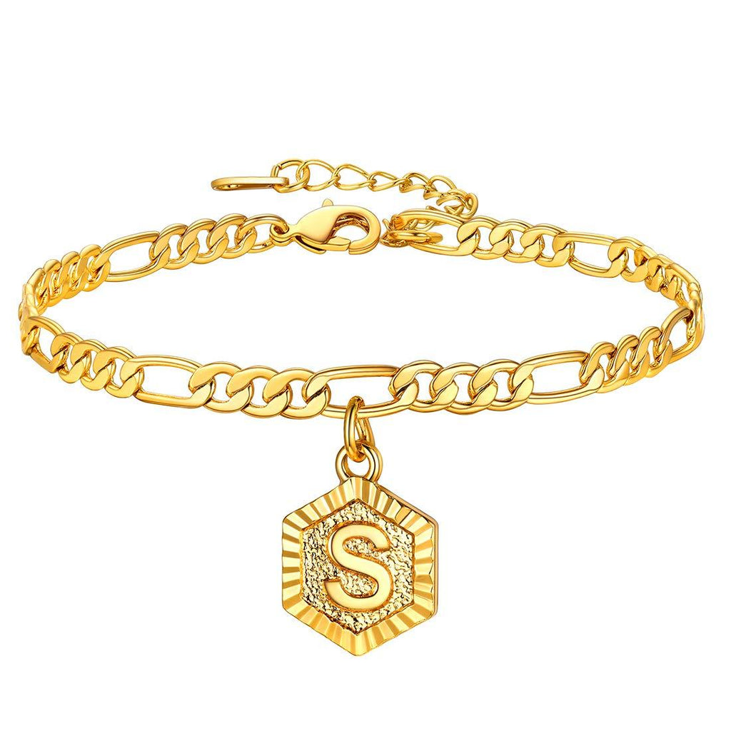 [Australia] - U7 Monogram A-Z Ankle Bracelets for Women Men 18K Gold Plated 4.5mm Figaro Chain Initial Anklet Name Bracelet with Letter Alphabet Foot Jewelry with 2 Inch Extender,with Custom Engrave,Gift Packed Letter S 