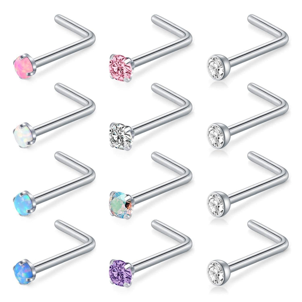 [Australia] - Anicina L Shaped Nose Rings Studs 18G 2mm Opal & CZ & Flat L Nose Stud Ring Mix-Color Opal Nose Nostril Piercing Jewelry for Womens Mens A-ball:2mm-L shape 