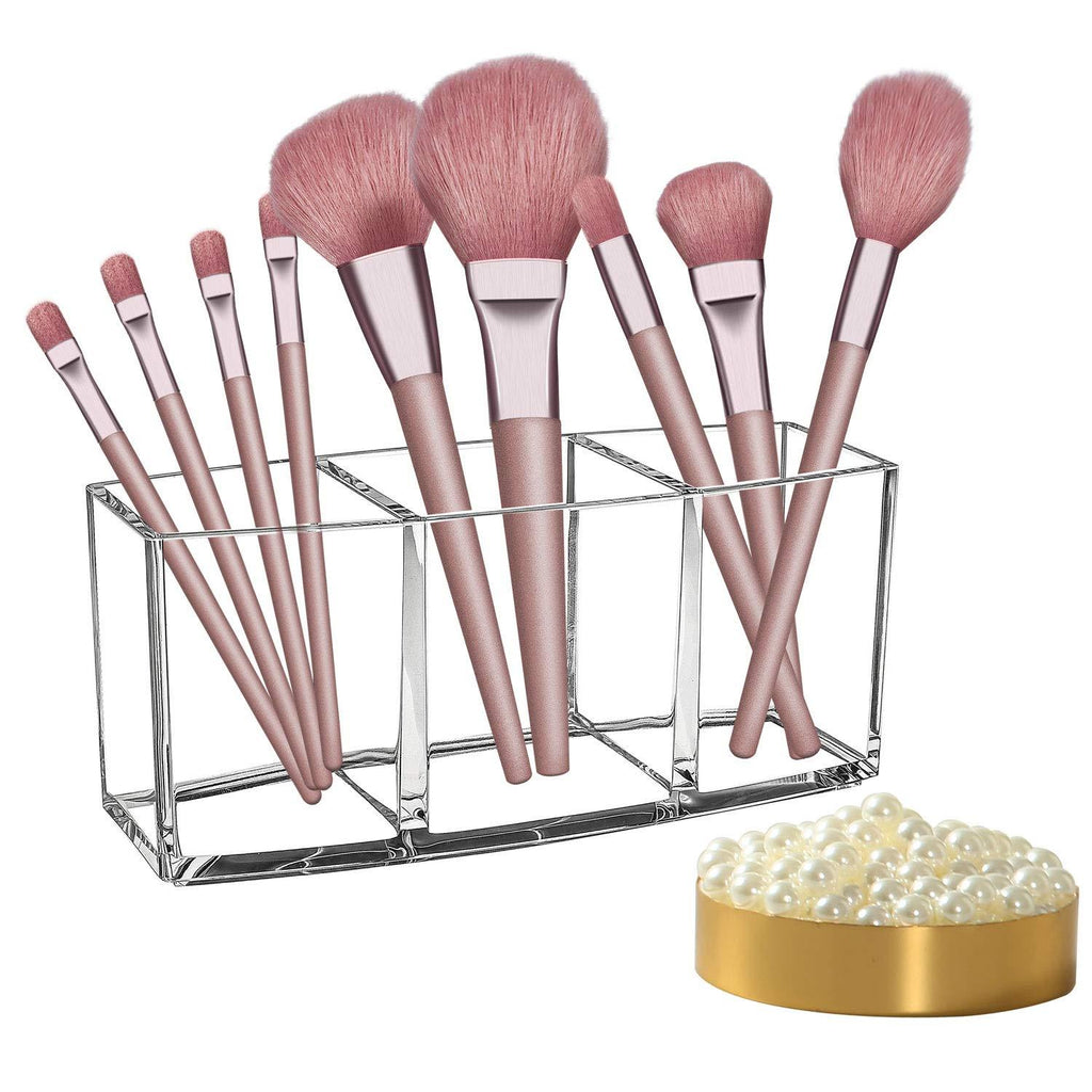 [Australia] - Arashill Makeup Brush Holders,Clear Makeup Brush Organizer, 3 Slot Acrylic Cosmetics Makeup Brushes Storage With Some Free Decorative Pearl 