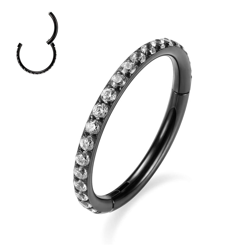 [Australia] - GAGABODY 18G 16G 14G 6mm-12mm 316L Surgical Steel Piercing Jewelry Hinged Seamless Earrings Clicker Hoop Piercing Rings for Cartilage Helix Rook Septum Daith Tragus Ear Lobe CZ/OPAL/Shell Paved Black+Clear CZ 16G-10mm 