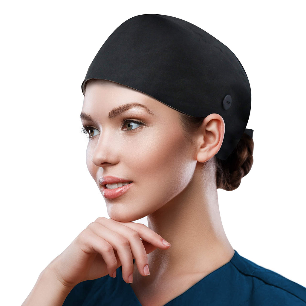 [Australia] - QBA Adjustable Working Cap with Button, Cotton Working Hat Sweatband, Elastic Bandage Tie Back Hats for Women & Men, One Size Black 