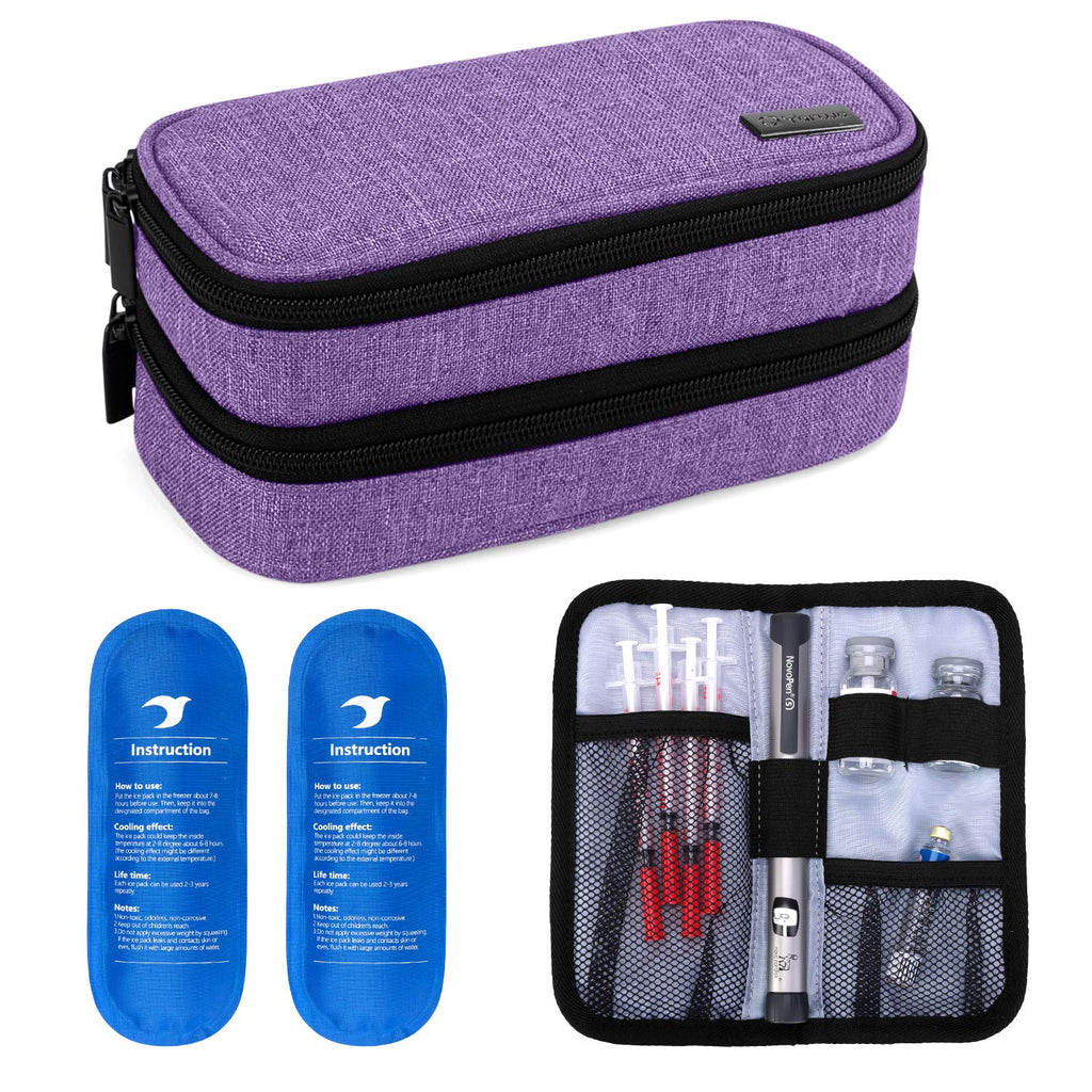 [Australia] - Yarwo Insulin Cooler Travel Case, Double-Layer Diabetic Travel Case with 2 Ice Packs, Diabetic Supplies Organizer for Insulin Pens, Blood Glucose Monitors or Other Diabetes Care Accessories, Purple 