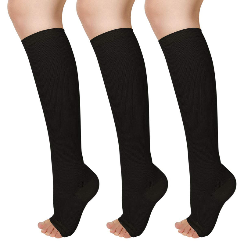 [Australia] - 3 Pairs Open Toe Compression Socks Women Knee High Toeless 15-25 mmHg (XXL) Black3 2X-Large (3 Pair) 