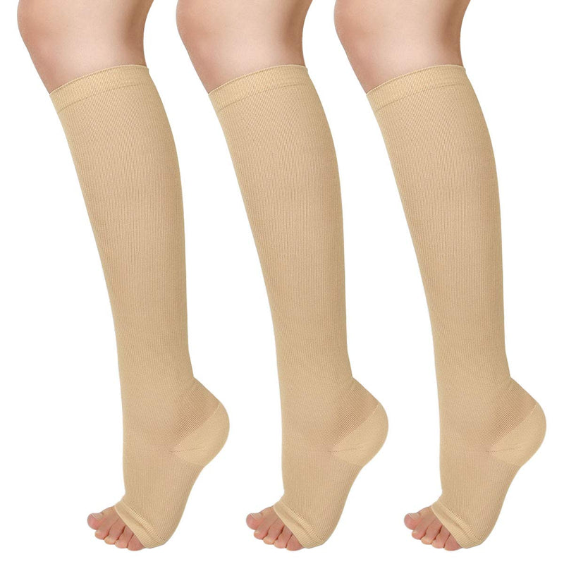 [Australia] - 3 Pairs Open Toe Compression Socks Women Knee High Toeless 15-25 mmHg Beige Large/X-Large (3 Pair) 