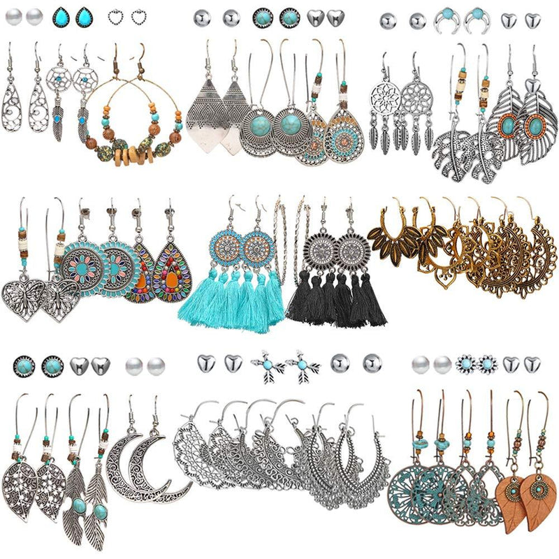 [Australia] - 45 Pairs Fashion Hollow Drop Dangle Earrings Set for Women Girls Bohemian National Style Eardrop with Bronze Waterdrop Leaf Feather Shaped Vintage Jewelry for Gifts 