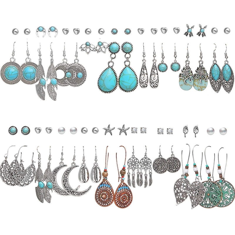 [Australia] - 36 Pairs Fashion Vintage Simulated Turquoise Drop Dangle Earrings Set for Women Girls Boho Hollow Waterdrop Leave Feather Silver Jewelry for Gifts 