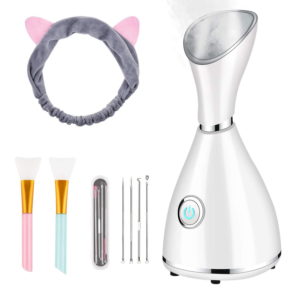 [Australia] - Facial Steamer for Facial Deep Cleaning, Moisturize, Unclog Pores, Face Spa, Nano Ionic Humidifier, Home Facial Warm Mist Face steamer with Blackhead Removal Kit, Brush, Hair Band 70ml White 