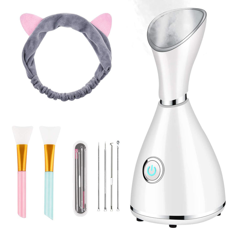[Australia] - Facial Steamer for Facial Deep Cleaning, Moisturize, Unclog Pores, Face Spa, Nano Ionic Humidifier, Home Facial Warm Mist Face steamer with Blackhead Removal Kit, Brush, Hair Band 70ml White 
