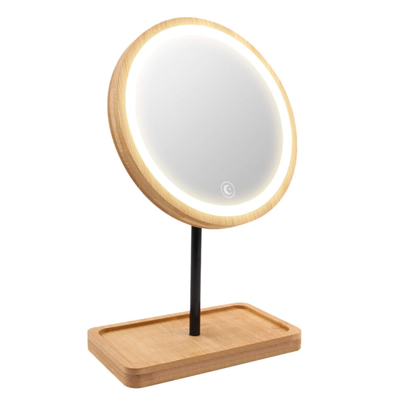 [Australia] - Kimikata Lighted LED Makeup Mirror Vanity Mirror with 3 Color Lights, Cordless USB Rechargeable Battery, 360° Rotation, Bamboo Wood Beauty Storage Tray, Tabletop Stand, Dimmable Circular Light Ring 