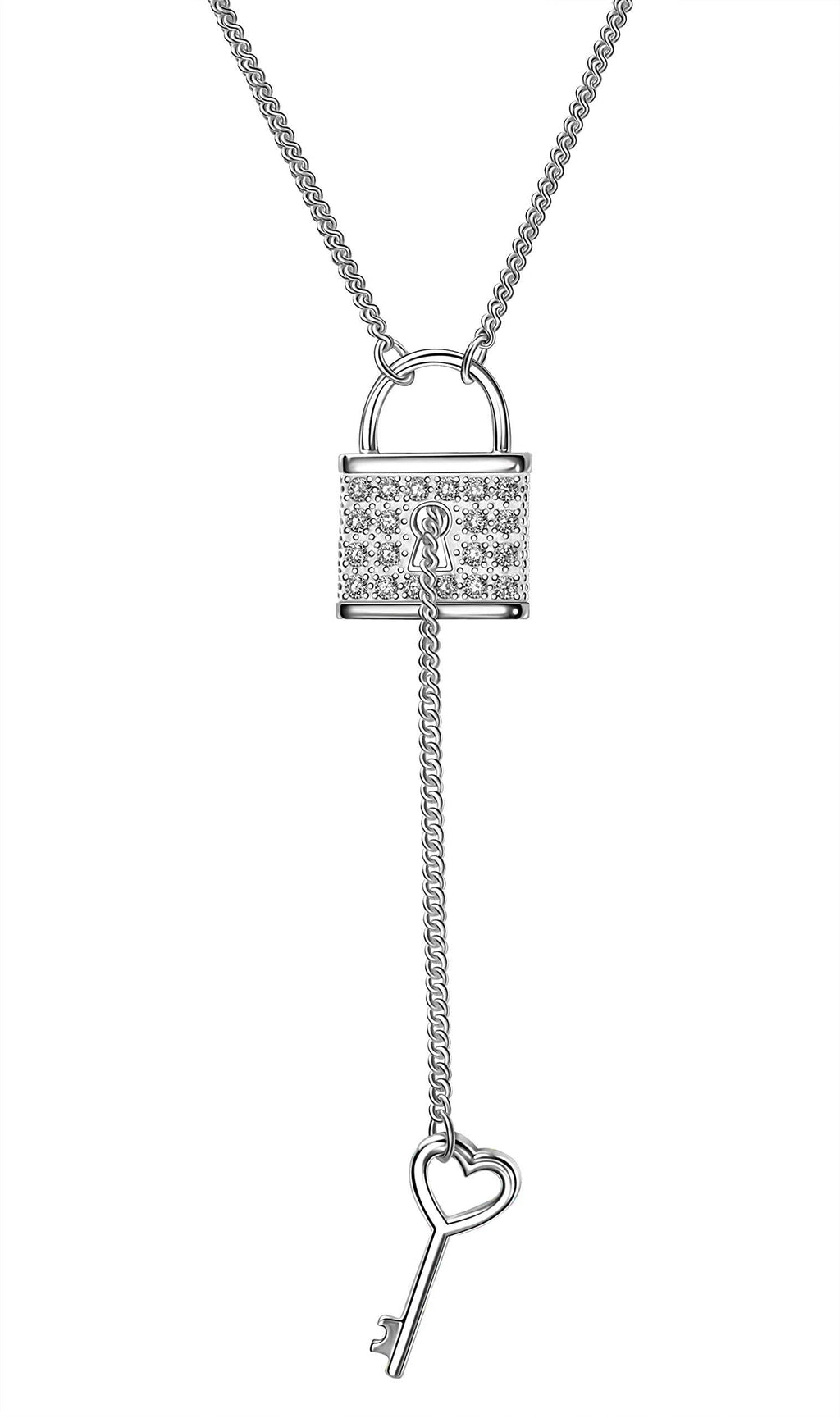 [Australia] - ELEGANZIA Lock Necklace for Women Teen Girls, Sterling Silver Chain Cubic Zirconia Lock Key Drop Necklace, Couple Gifts for Girlfriend 