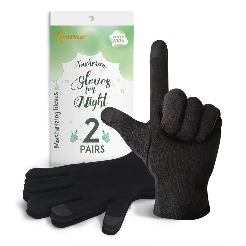 [Australia] - EvridWear 100% Cotton Touchscreen Moisturizing Beauty Gloves with Elastic Cuff, Natural Cosmetic Therapy Gloves for Eczema SPA Dry Hands Care Overnight (Black, Large) 2 Pairs Large (4 Count) 2Pairs-Black 
