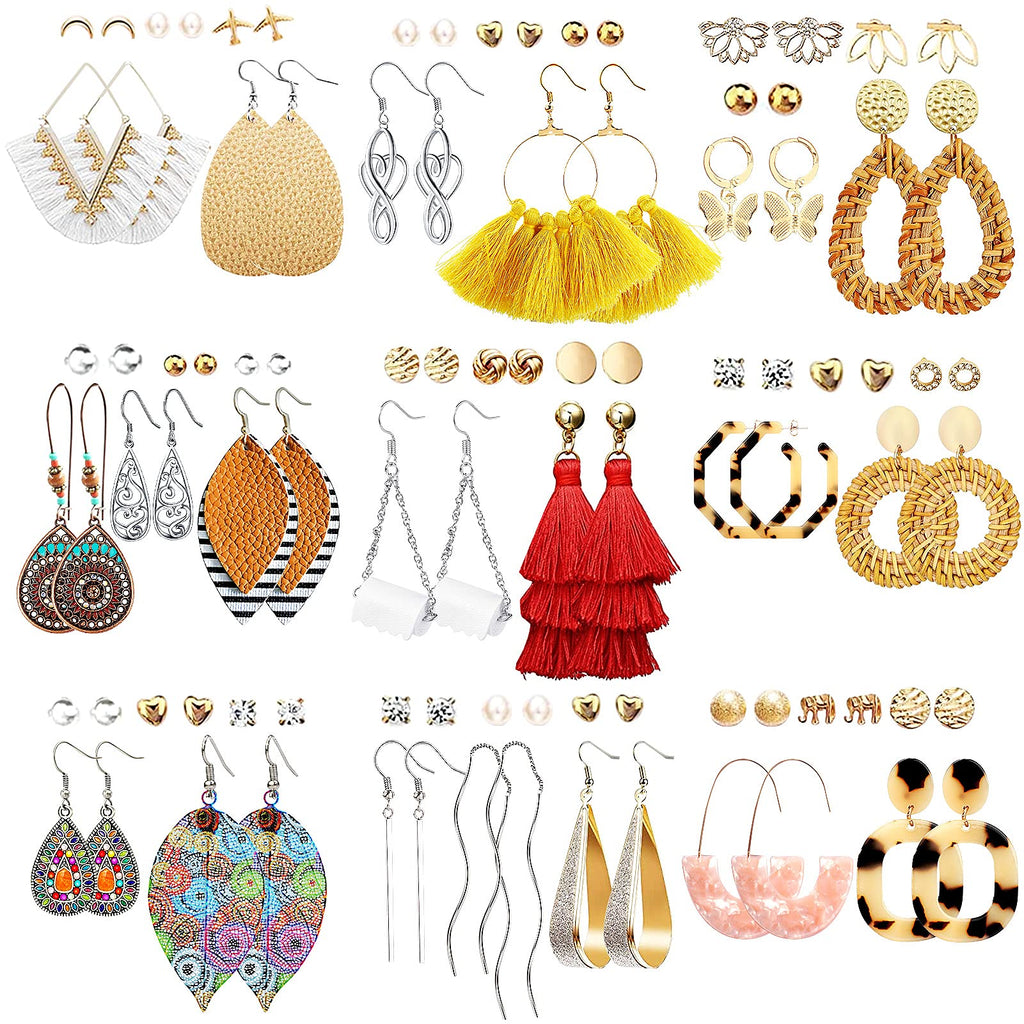 [Australia] - 47 Pairs Fashion Earrings for Women Girls, Boho Statement Tassel Rattan Leather Earrings Ethnic Fashion Butterfly Stud Acrylic Hoop Silver Drop Dangle Earrings Set for Birthday Everyday Jewelry Gift STYLE 1 