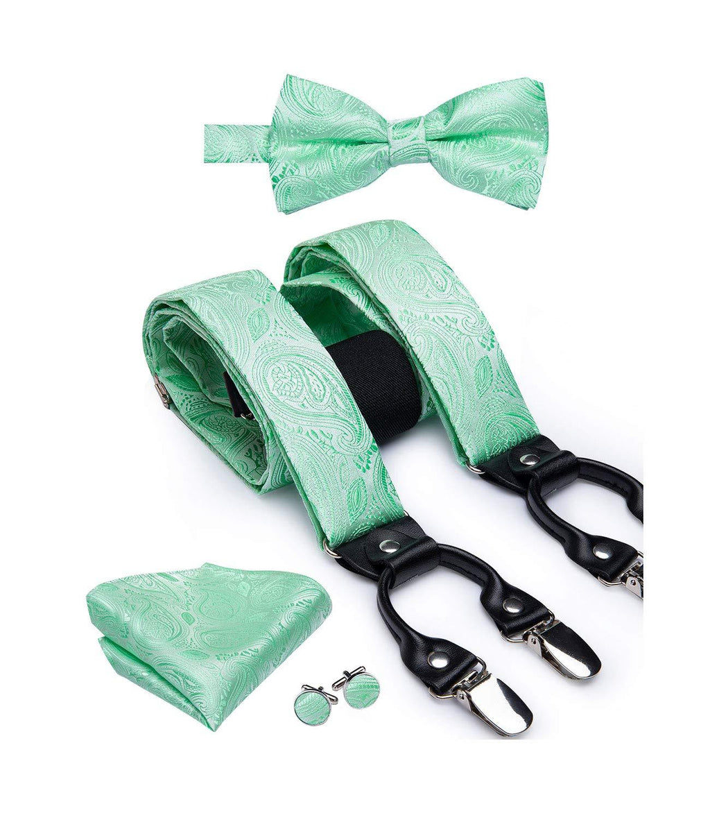 [Australia] - Dubulle Mens Clips Suspenders and Pre tied Bow Tie Set with Pocket Square Y Shape Adjustable Braces Mint Green 3046 