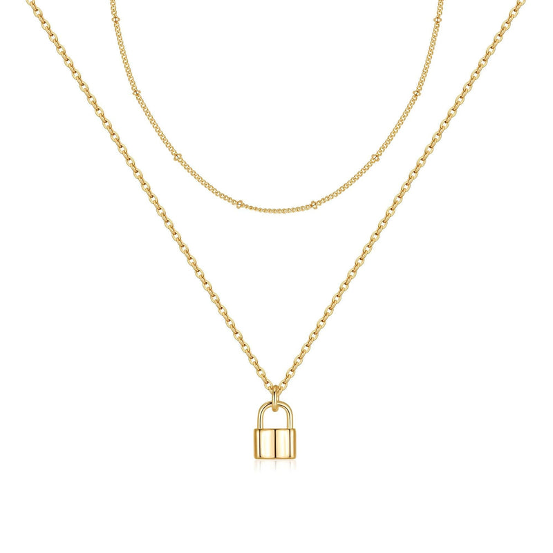 [Australia] - MONOZO Lock Necklace for Women, 14K Gold Filled Padlock Lock Pendant Chain Necklace Girls Dainty Layered Lock and Key Choker Necklace Jewelry for Men Gold Layered Lock Necklace 