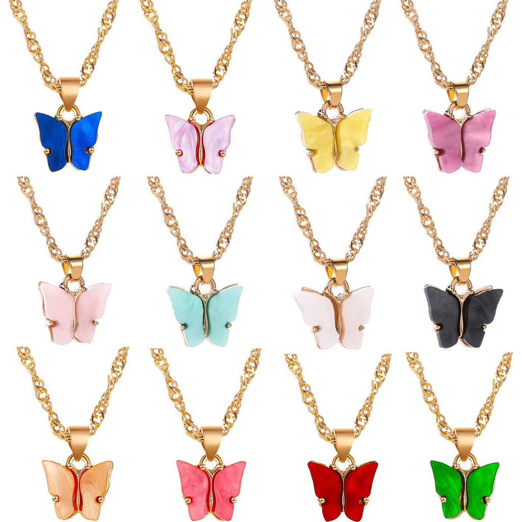 [Australia] - Nanafast Butterfly Pendant Necklace for Women & Girls Acrylic Necklace with Gold-Plated Pack of 12 Pcs 