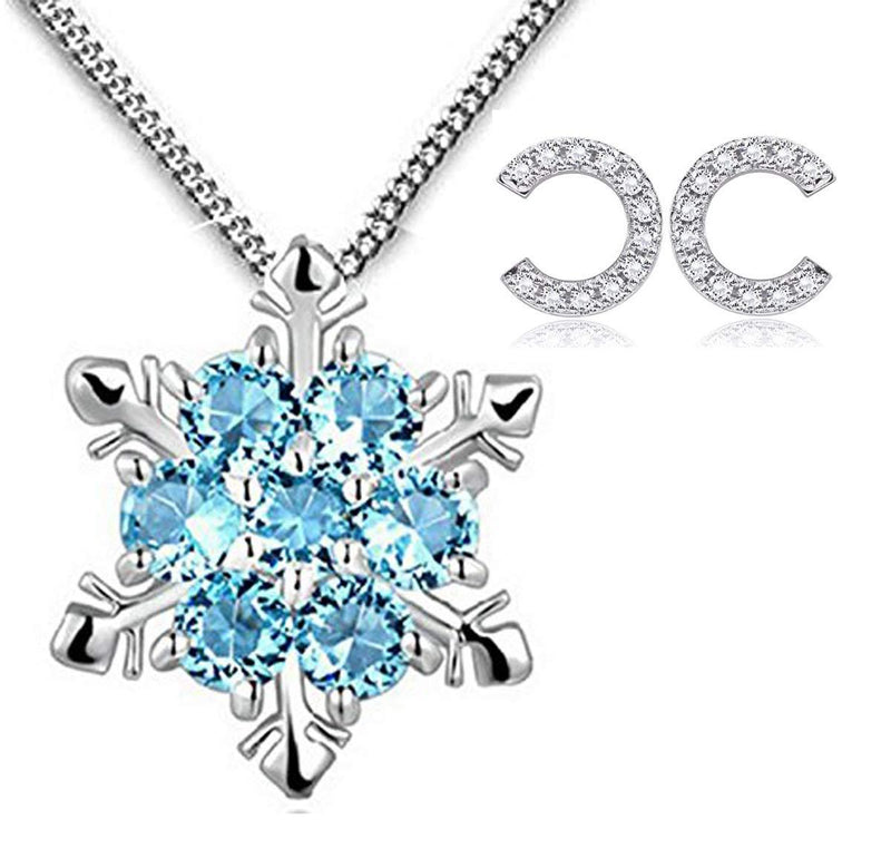 [Australia] - findout Women 925 Silver Cubic Zirconia White Blue Crystal Snownflake Pendant Necklace And Earring Jewellery Set For Women Girls (f1634) with free earrings 
