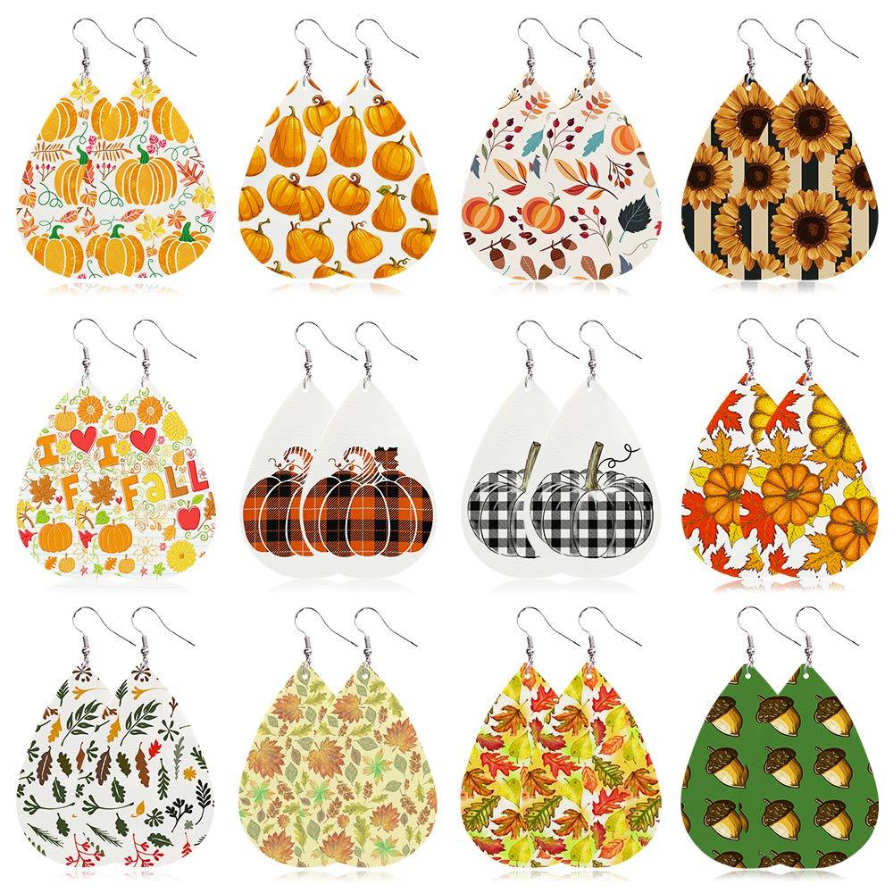 [Australia] - fzbali Fall Faux Leather Teardrop Earrings Plaid Pumpkin Sunflower Maple Leaves Acorn Autumn Jewelry Thanksgiving Accessory for Women 