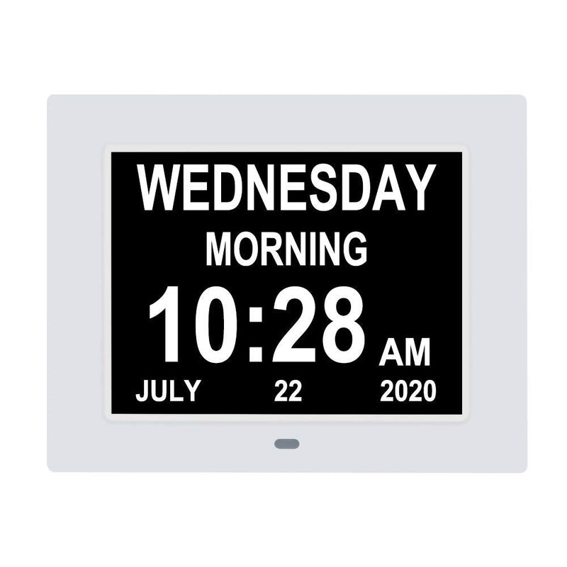 [Australia] - 7 Inch Extra Large Non-Abbreviated Day Date & Month Digital Day Calendar Clock with Auto-Dimming 8 Alarm Reminders Dementia Clocks for Senior Elderly impaired Vision 7005 white 