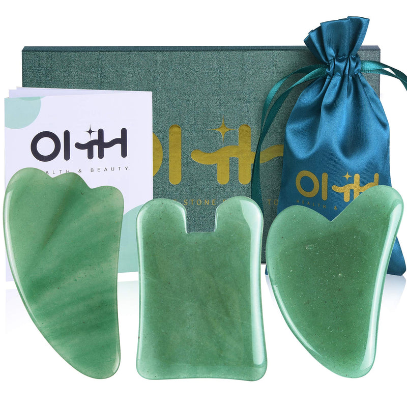 [Australia] - Gua Sha Massage Tools Set, OHH Aventurine Natural Stone Guasha Board for Face and Body, Skincare Gua Sha Facial Massager for SPA Acupuncture Therapy Trigger Point Treatment, Pack of 3 Green 