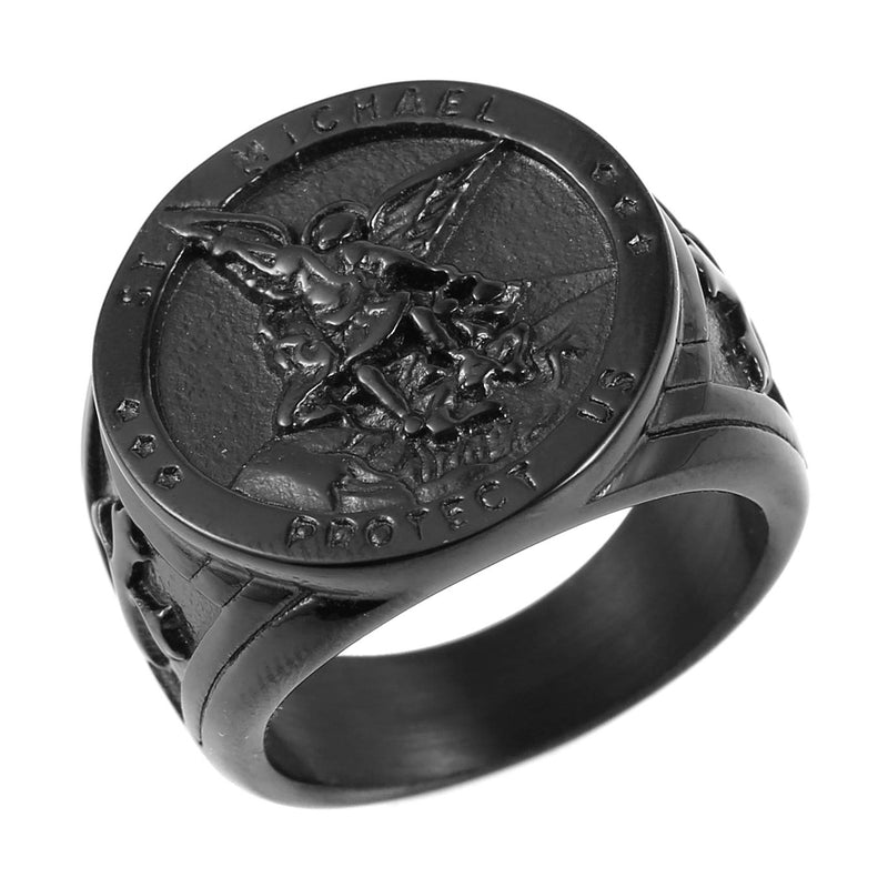 [Australia] - HZMAN St. Michael San Miguel The Great Protector Archangel Defeating Satan Figurine Stainless Steel Amulet Ring Black 7 