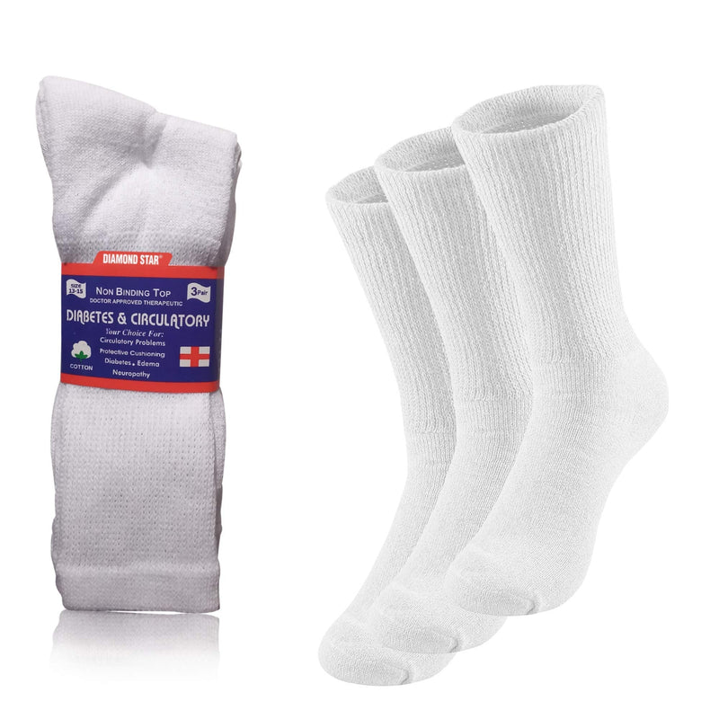 [Australia] - Diamond Star Diabetic Socks, Non-Binding Circulatory Cushion Cotton Crew Diabetic Socks for Men Women 3 Pairs White 13-15 