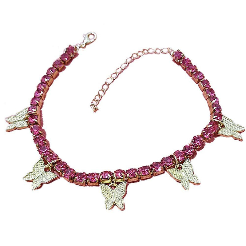 [Australia] - Butterfly Pendant Multi CZ Rhinestone Anklet Foot Barefoot Bling Iced Out Tennis Chain 22cm+5cm for Women Girl Jewelry Hip Hop Punk Gold Silver pink gold 