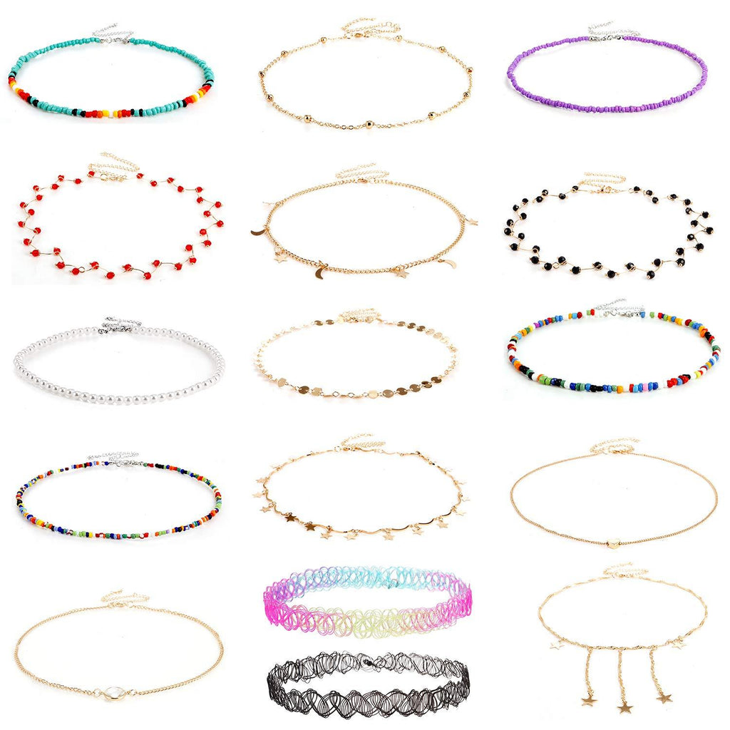 [Australia] - TAMHOO 16 Pcs Gold Choker Necklaces for Women -Star Choker Set Moon Choker Necklaces for Teen Girls - Beaded Chokers for Girls Adjustable Choker Rhinestone Choker #1 