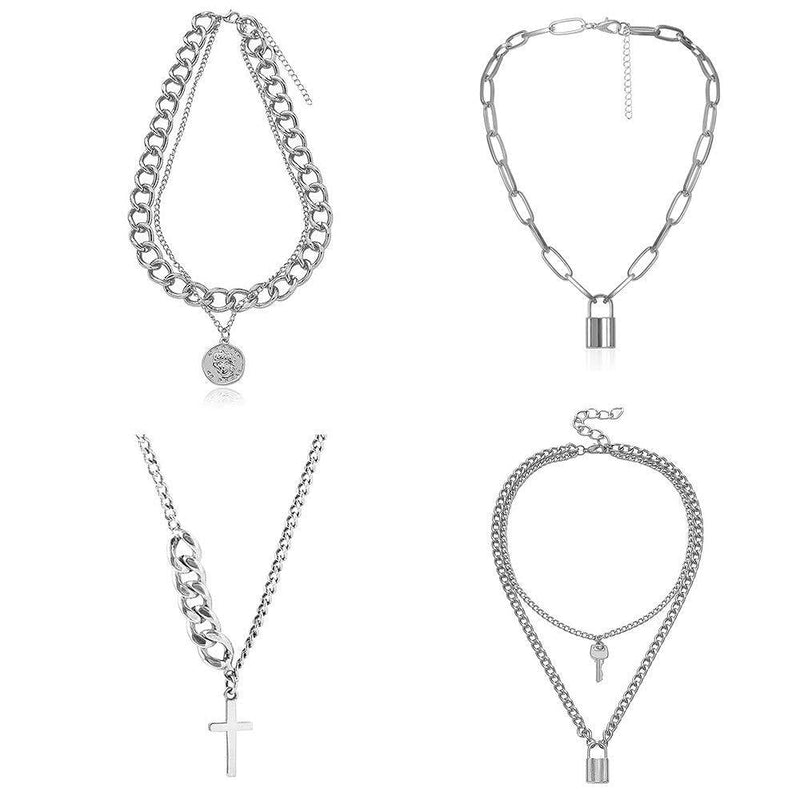 [Australia] - 4 Piece Lock Chain Necklace Set Multilayer Silver Cross Lock Key Pendants Necklaces Set for Egirl Eboy Statement Punk Chain Choker Silver (Style 1) 