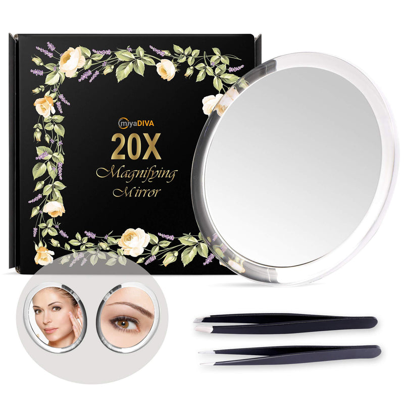 [Australia] - 5Inches 20X Magnifying Mirror &Slant Tip and Pointed Eyebrow Tweezer Set,Perfect for Precise Makeup Application for Facial Hair, Blackhead and Tick Remover. 