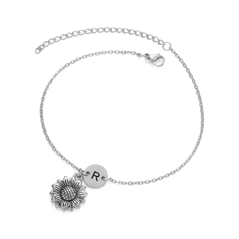 [Australia] - Joycuff Anklets for Women with Initial Silver Sunflower Charm Link Jewelry Foot Bracelets for Teen Girls Alphabet A to Z R 