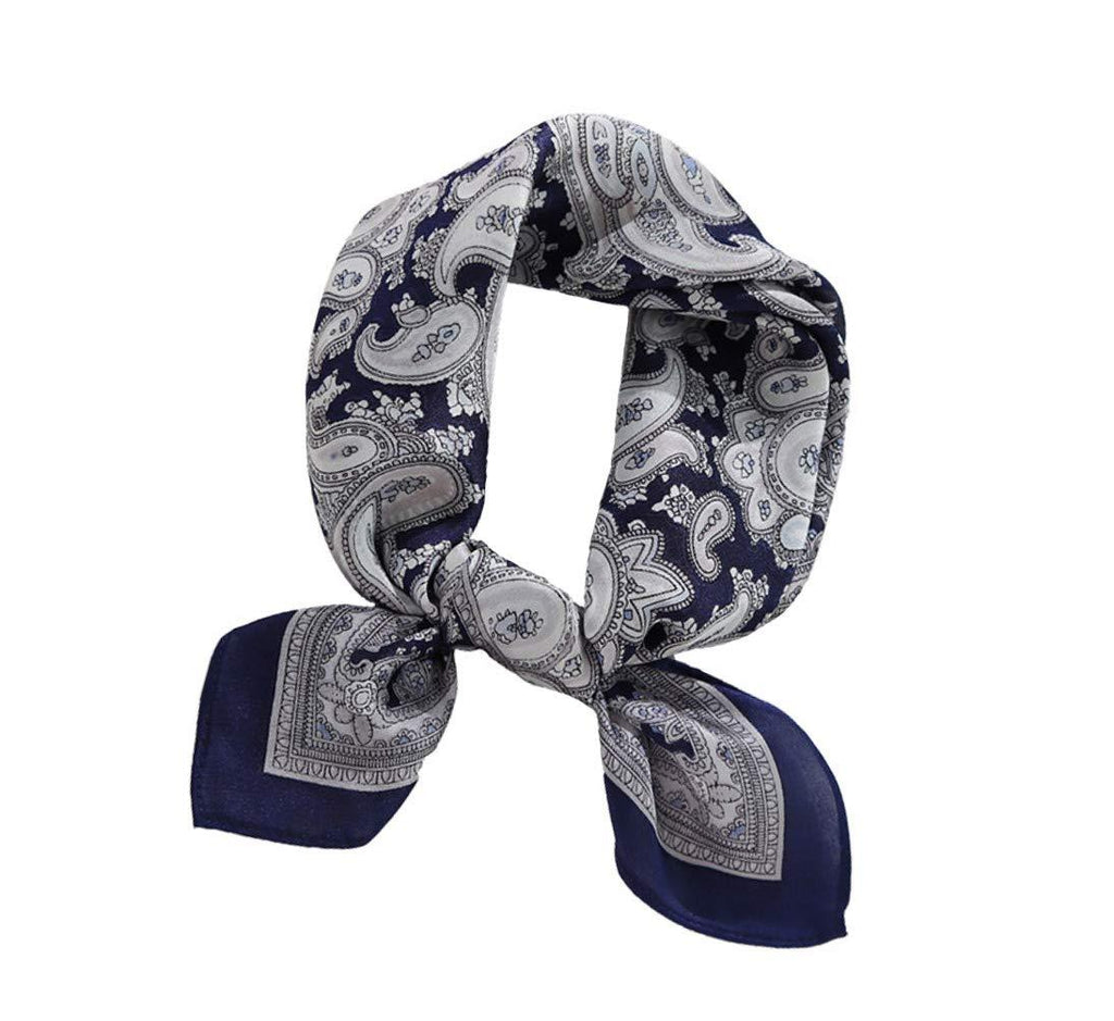 [Australia] - JERLA Women's Men's Small Square satin 100% Real Mulberry Silk Scarfs paisley Hair head face scarf 21" x 21" B-paisley Blue 