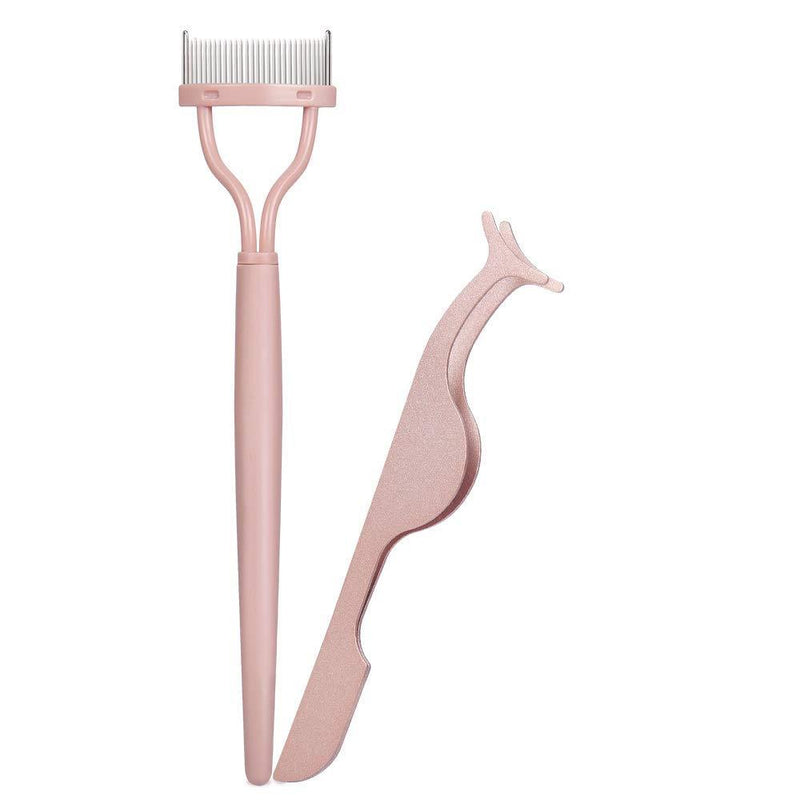 [Australia] - Acavado Eyelash Comb Separator False Eyelashes Applicator Tool Set, Lash comb with Metal Teeth Eyelash Extension Tweezers (Pink) Pink 