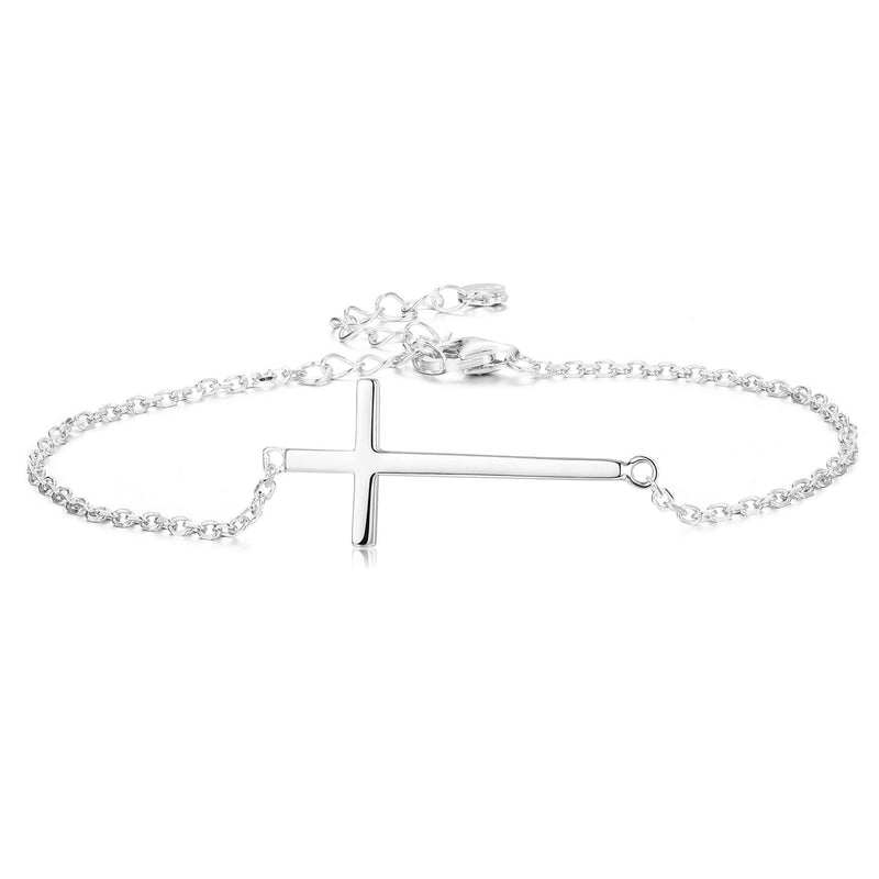 [Australia] - Sllaiss 925 Sterling Silver Sideways Cross Anklet for Women Men Dainty Adjustable White Gold Plated Ankle Bracelets Beach Foot Jewelry 