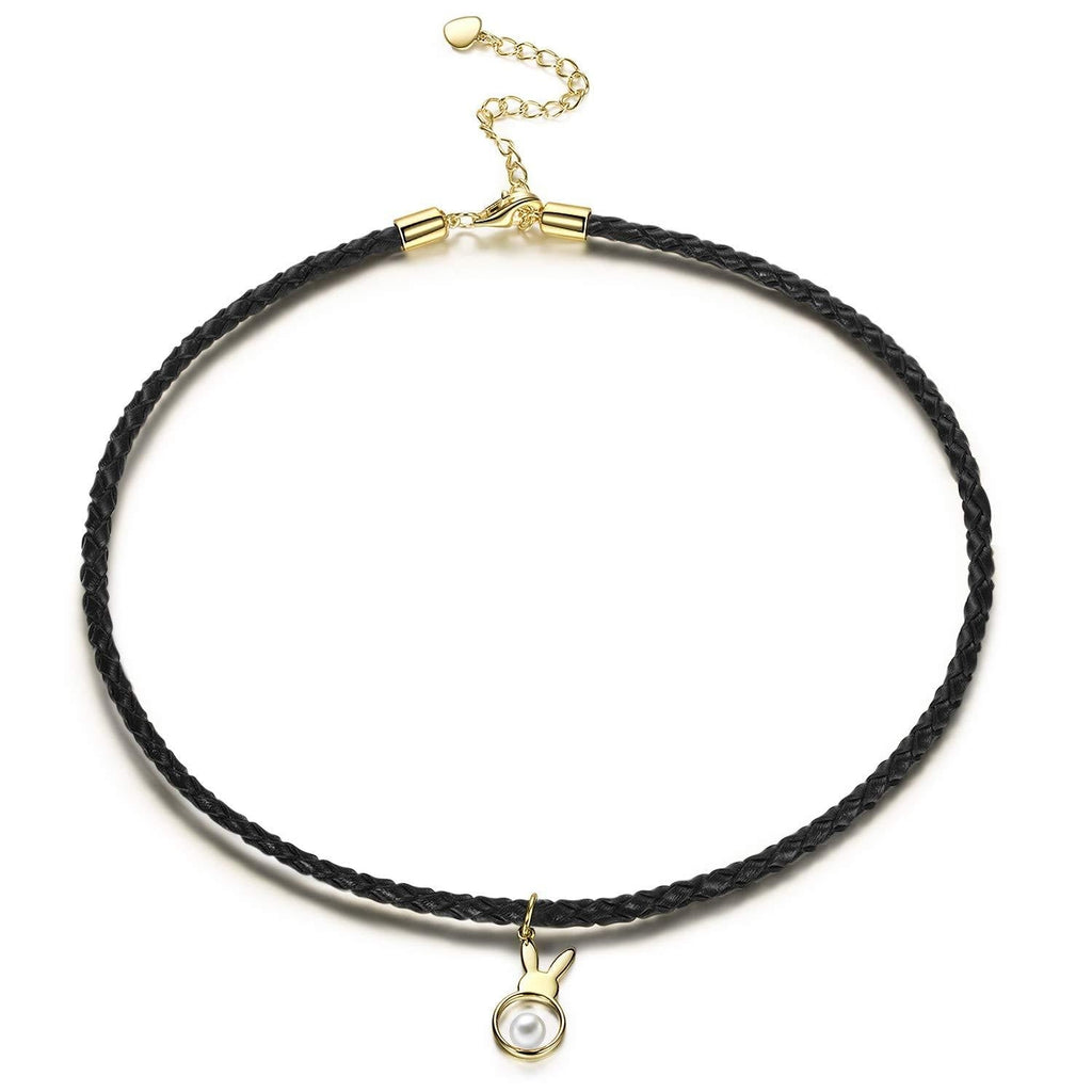 [Australia] - NM NINAMISS Leather Choker Christmas Necklace for Women, 925 Sterling-silver with Gold Plated Pendant Black 