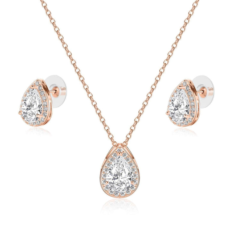 [Australia] - CZ Teardrop Necklace and Stud Earrings Set 14K White Gold Plated Wedding Jewelry for Bridal Rose Gold 