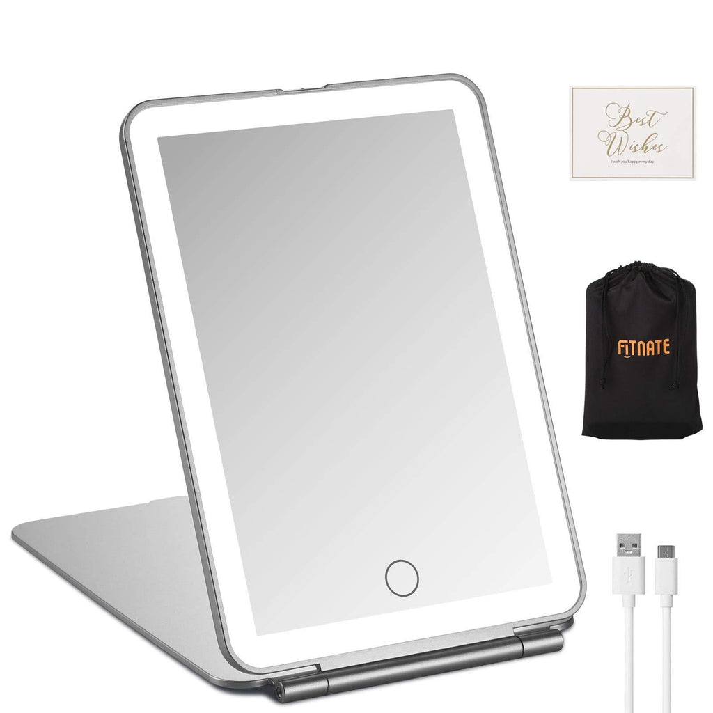 [Australia] - LED Folding Makeup Mirror for Travel, FITNATE Portable Vanity Mirror Compact, Lighted, Rechargeable, Illuminated Mirror Perfect for Travel, Makeup & Beauty Needs Gift Pack Silver Mirror in The Palm 7.45"x5.11" 