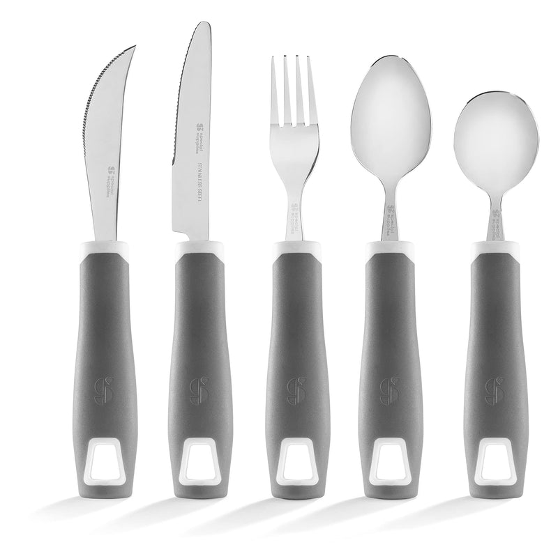 [Australia] - Special Supplies Adaptive Utensils 5-Piece Set Non-Weighted, Non-Slip Handles for Hand Tremors, Arthritis, Parkinson’s or Elderly Use - Stainless Steel Knife, Rocker Knife, Fork, Spoons - Gray 