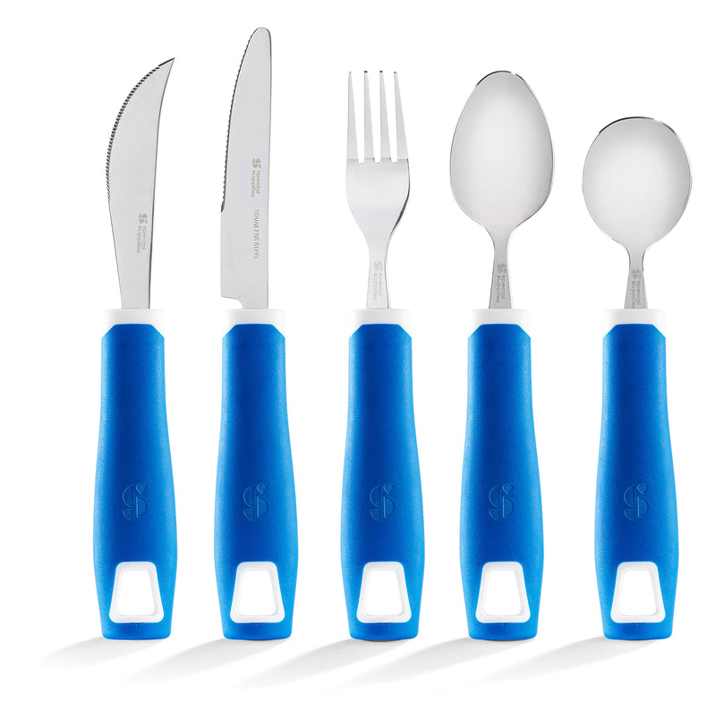 [Australia] - Special Supplies Adaptive Utensils 5-Piece Set Non-Weighted, Non-Slip Handles for Hand Tremors, Arthritis, Parkinson’s or Elderly Use - Stainless Steel Knife, Rocker Knife, Fork, Spoons - Blue 