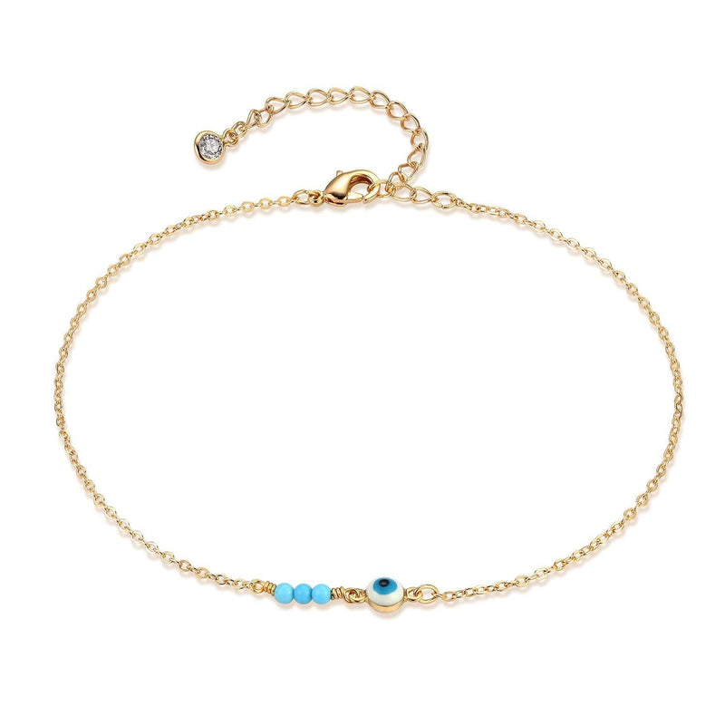 [Australia] - Fettero Women Gold Anklet Pearl Evil Eye Turquoise Beads Sideways Dainty Chain 14K Gold Plated Boho Beach Simple Minimalist Lucky Foot Jewelry 