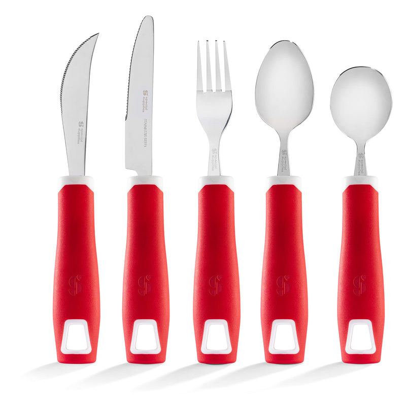 [Australia] - Special Supplies Adaptive Utensils 5-Piece Set Non-Weighted, Non-Slip Handles for Hand Tremors, Arthritis, Parkinson’s or Elderly Use - Stainless Steel Knife, Rocker Knife, Fork, Spoons - Red 