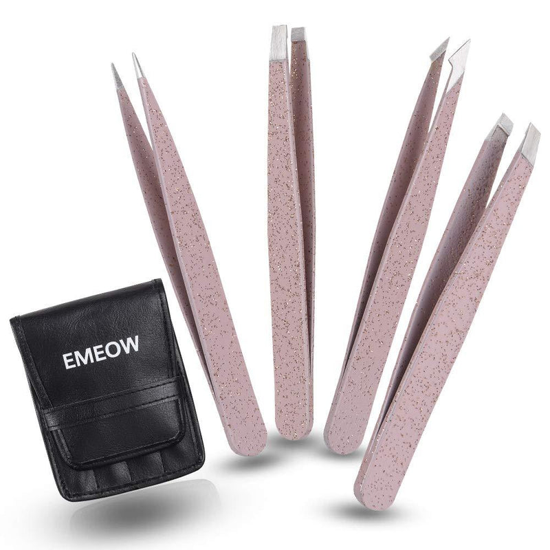 [Australia] - Tweezers Set - Professional Stainless Steel Eyebrow Best Precision Tweezers With Travel Case (4 Piece) For Ingrown Hair,Splinter,Facial Hair,Is Yours Daily Beauty Tools For Hair Removal - EMEOW Pink 