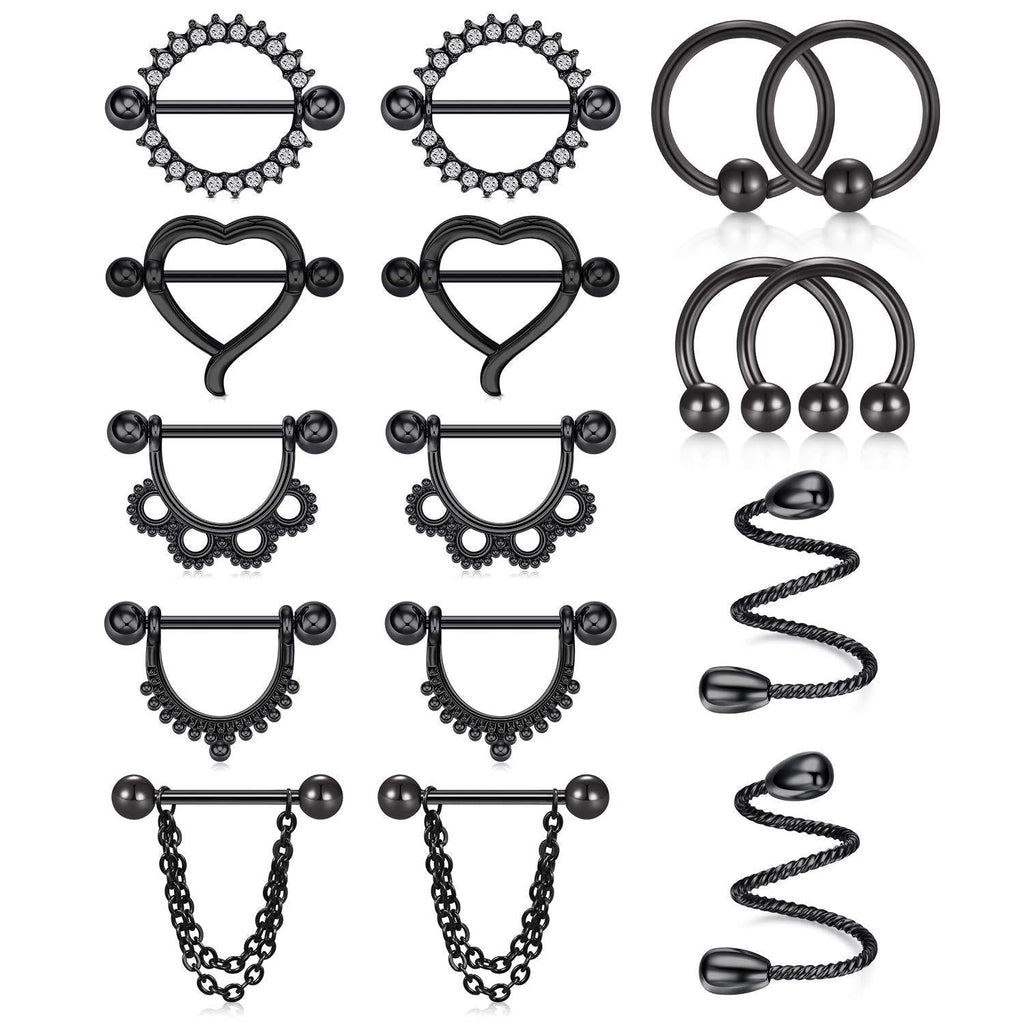 [Australia] - D.Bella 14G Nipple Rings Stainless Steel Straight Barbell Tongue Rings Nipplerings Piercing Women CZ Heart Chain Dangle Nipple Piercing Jewelry for Women 14mm 9/16Inch Black-B 