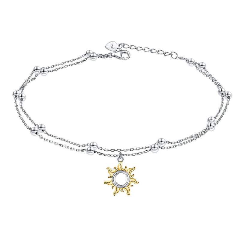 [Australia] - Star and Moon Sun Layered Anklet 925 Sterling Silver for Women Girls Adjustable Mermaid Tail Beads Ankle Bracelet Crescent Boho Beach Foot Chain 9+1 Inch Charm Jewelry Best Birthday Gifts Gold Sun 