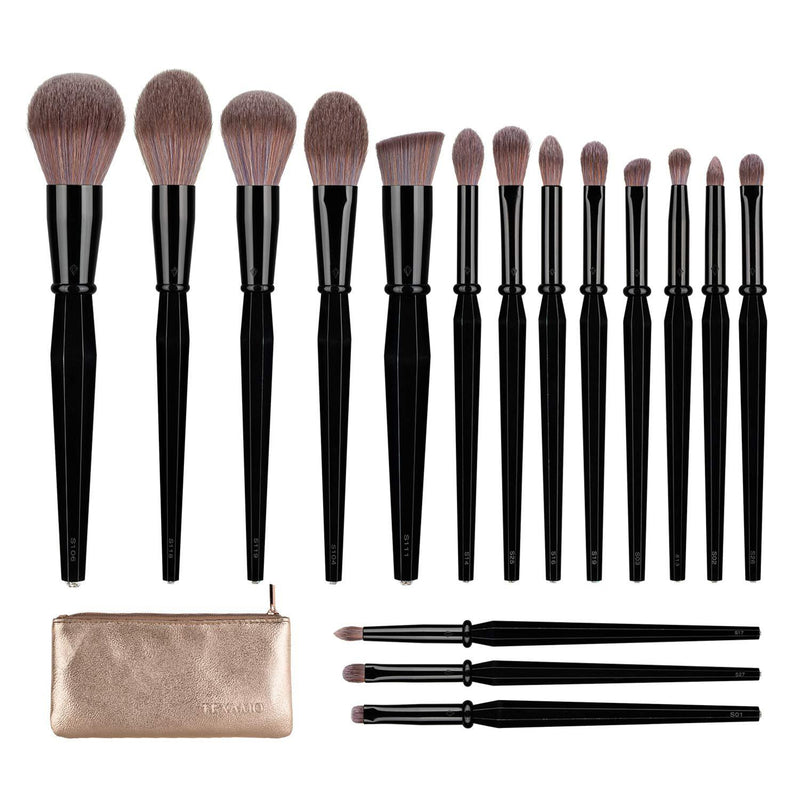 [Australia] - TEXAMO Professional Makeup Brush Set for Powder, Kabuki, Foundation, Highlighters, Blush, Contour, Eye Shadows, Makeup Brush Kit with Travel Leather Case, Set of 16, Black 